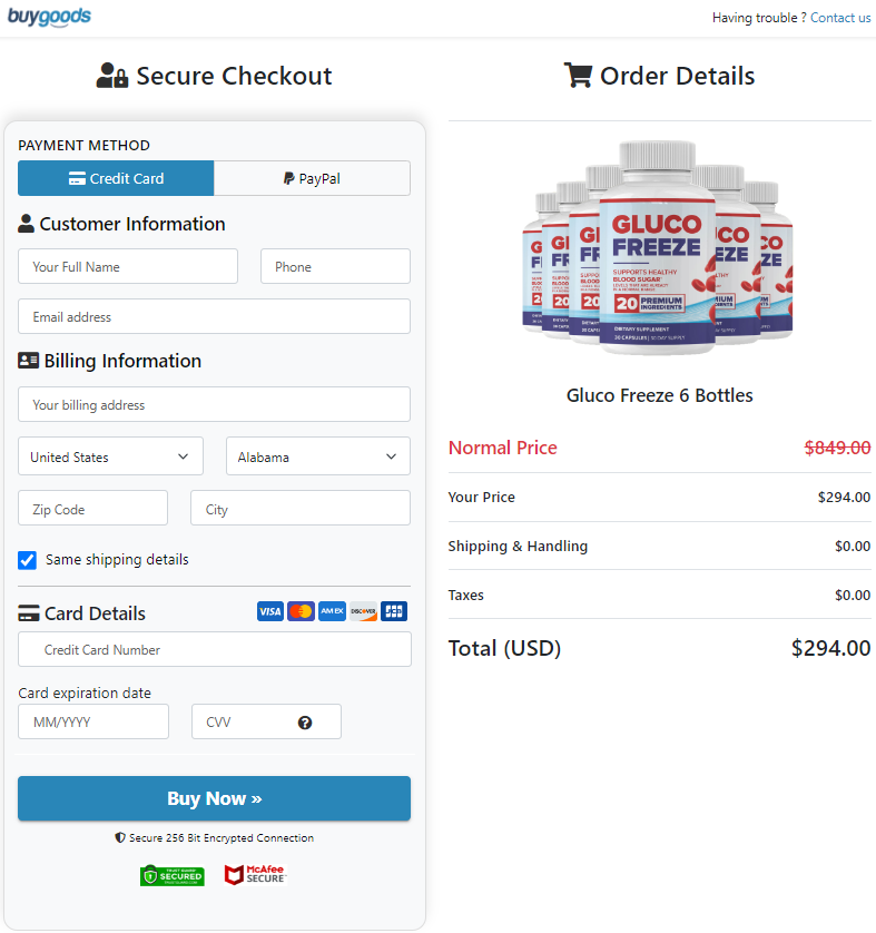 Glucofreeze Order Page